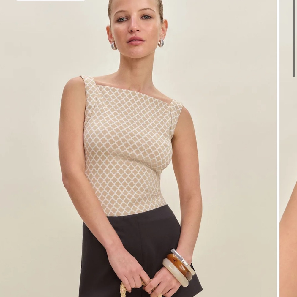 Beige Patterned Square-Neck Sleeveless Top